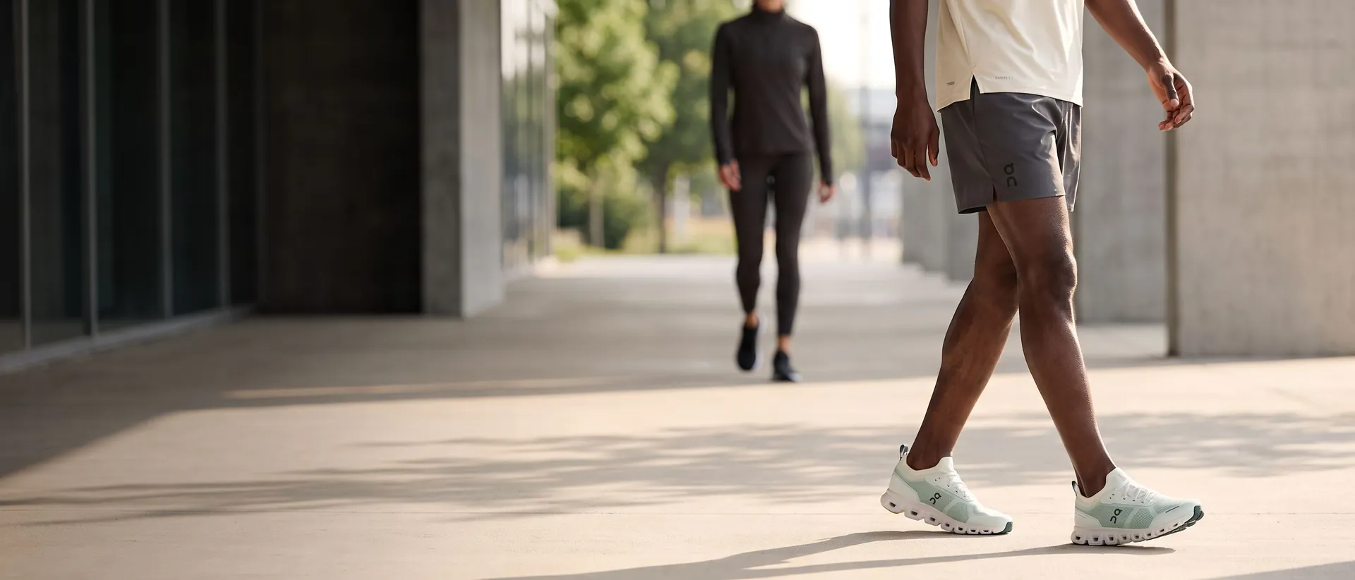 Morning movement in ON footwear and an off-white Performance-T on a concrete promenade